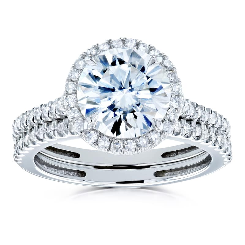 Annello by Kobelli 14k Gold 2 1/3ct TGW Moissanite and Diamond Round Halo Bridal Rings Set (DEF/VS, GH/I)