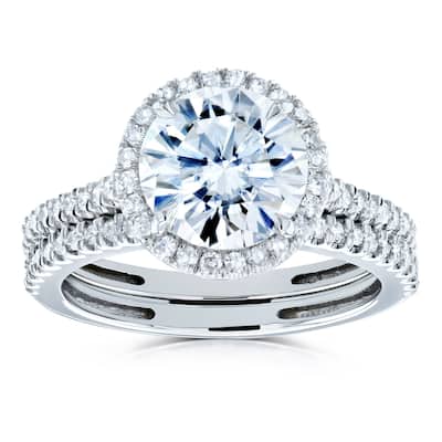 Annello by Kobelli 14k Gold 2 1/3ct TGW Moissanite and Diamond Round Halo Bridal Rings Set (DEF/VS, GH/I)