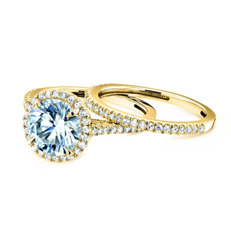 Annello by Kobelli 14k Gold 2 1/3ct TGW Moissanite and Diamond Round Halo Bridal Rings Set (DEF/VS, GH/I)