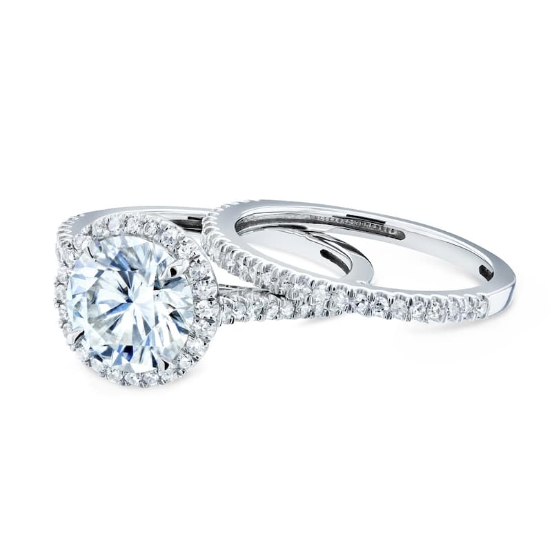 Annello by Kobelli 14k Gold 2 1/3ct TGW Moissanite and Diamond Round Halo Bridal Rings Set (DEF/VS, GH/I)