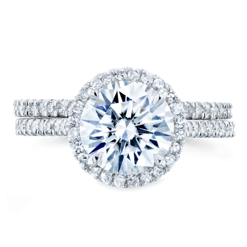 Annello by Kobelli 14k Gold 2 1/3ct TGW Moissanite and Diamond Round Halo Bridal Rings Set (DEF/VS, GH/I)