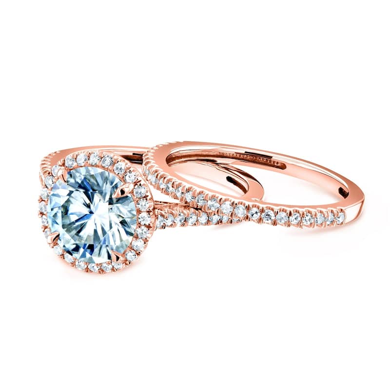 Annello by Kobelli 14k Gold 2 1/3ct TGW Moissanite and Diamond Round Halo Bridal Rings Set (DEF/VS, GH/I)