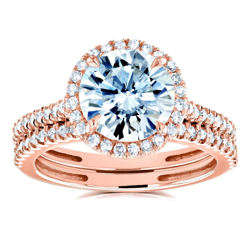 Annello by Kobelli 14k Gold 2 1/3ct TGW Moissanite and Diamond Round Halo Bridal Rings Set (DEF/VS, GH/I)