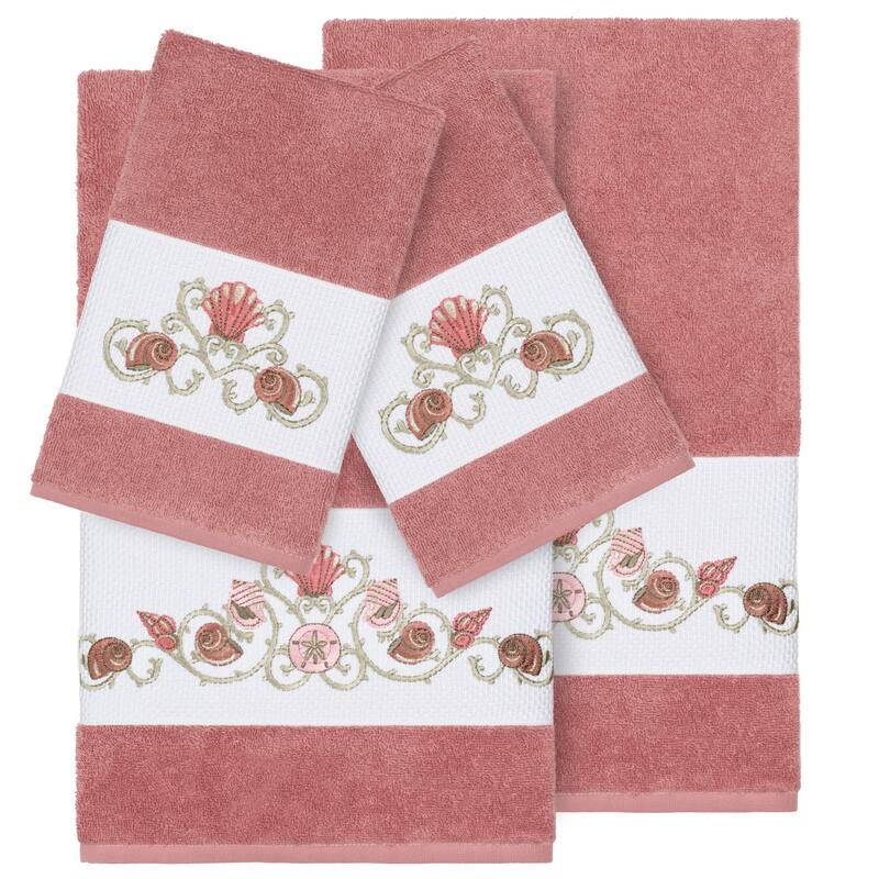 Authentic Hotel and Spa Turkish Cotton Shells Embroidered Tea Rose 4-piece Towel Set