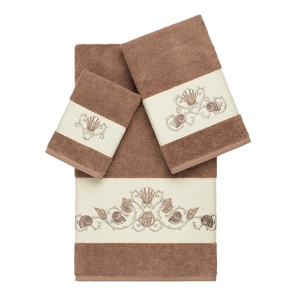 slide 2 of 7, Authentic Hotel and Spa Turkish Cotton Shells Embroidered Latte Brown 3-piece Towel Set