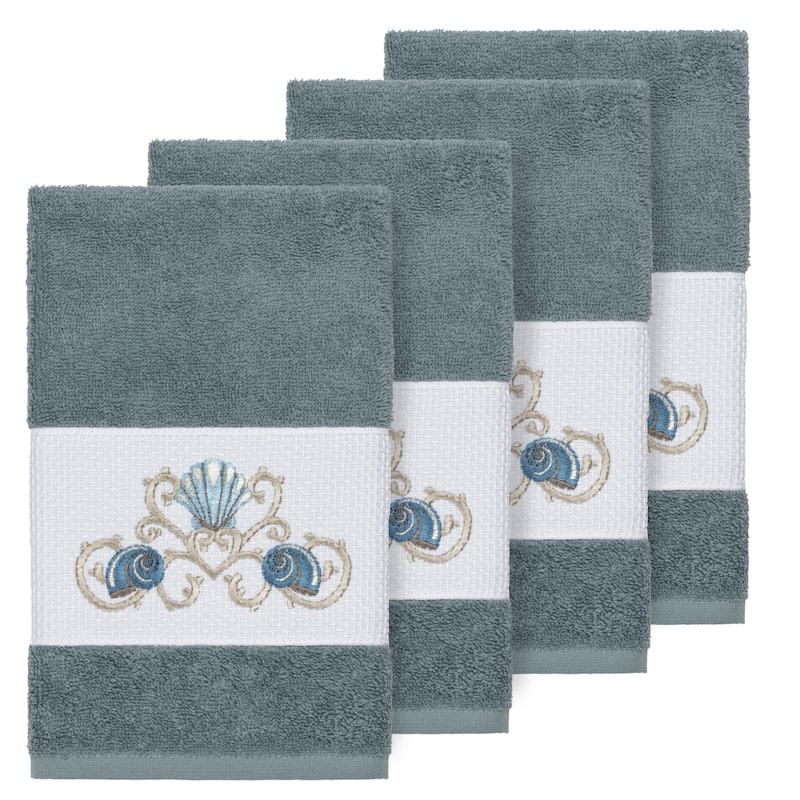 Authentic Hotel and Spa Turkish Cotton Shells Embroidered Teal Blue 4-piece Hand Towel Set