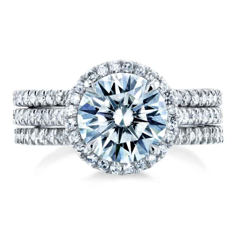 Annello by Kobelli 14k Gold 2 1/2ct TGW Forever One Moissanite and Diamond Round Halo 3-Piece Bridal Rings Set (DEF/VS, GH/I)