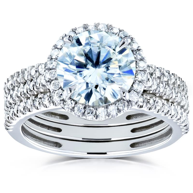 Annello by Kobelli 14k Gold 2 1/2ct TGW Forever One Moissanite and Diamond Round Halo 3-Piece Bridal Rings Set (DEF/VS, GH/I)