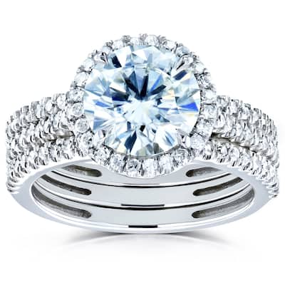 Annello by Kobelli 14k Gold 2 1/2ct TGW Forever One Moissanite and Diamond Round Halo 3-Piece Bridal Rings Set (DEF/VS, GH/I)