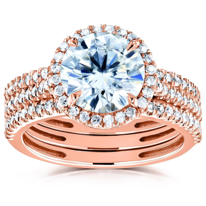 Annello by Kobelli 14k Gold 2 1/2ct TGW Forever One Moissanite and Diamond Round Halo 3-Piece Bridal Rings Set (DEF/VS, GH/I)