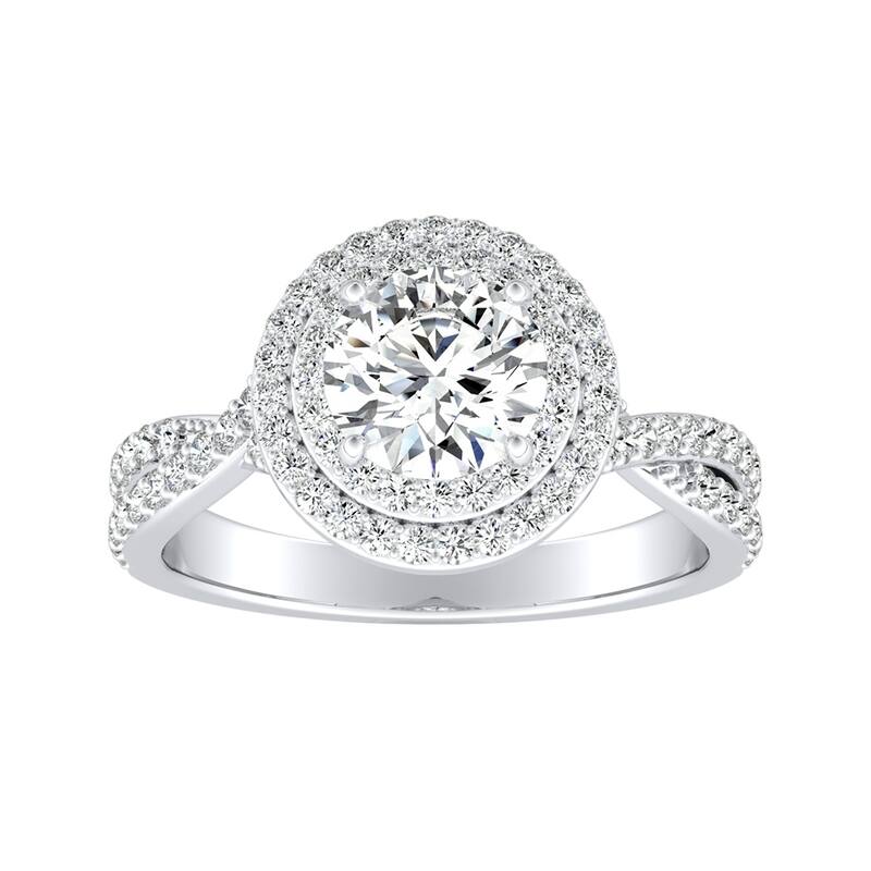 Auriya 14k Gold 1ct Round Moissanite and 3/8ct TDW Double Halo Diamond Engagement Ring (G-H, VS1-VS2)