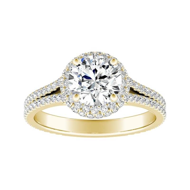 Auriya Round Double Edged 1 1/2ct Moissanite and 1/2ct TDW Halo Diamond Engagement Ring 14k Gold