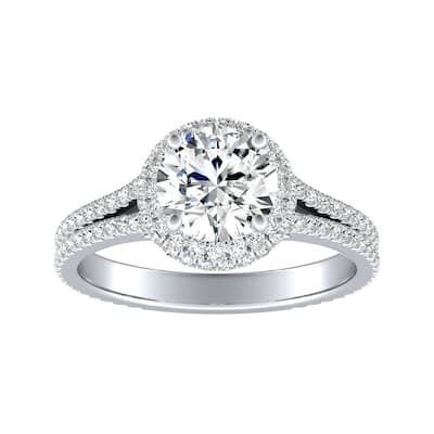 Auriya Round Double Edged 1 1/2ct Moissanite and 1/2ct TDW Halo Diamond Engagement Ring 14k Gold