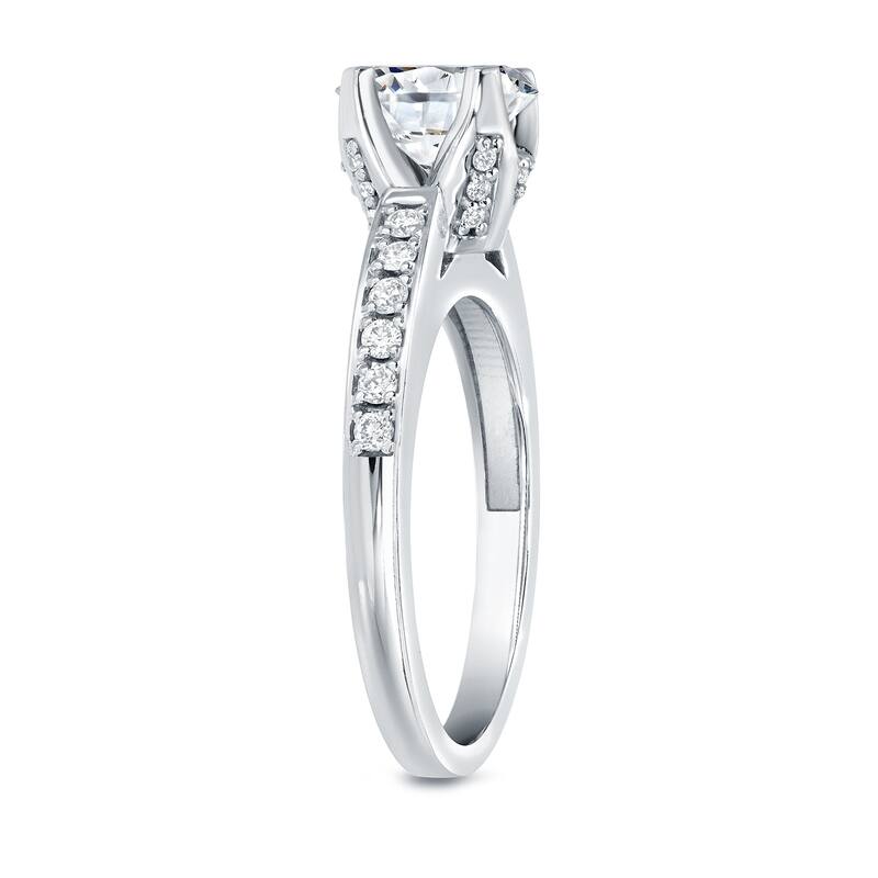 Auriya Unique 1 carat Round Moissanite and 1/3cttw Diamond Engagement Ring 14K Gold