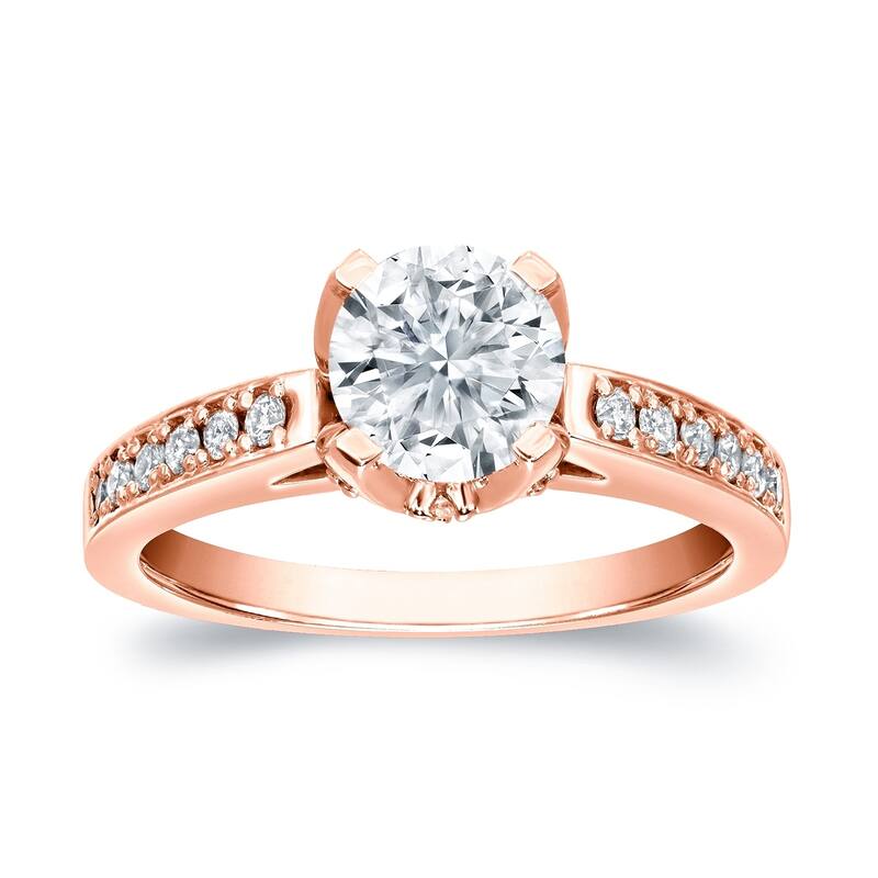 Auriya Unique 1 carat Round Moissanite and 1/3cttw Diamond Engagement Ring 14K Gold