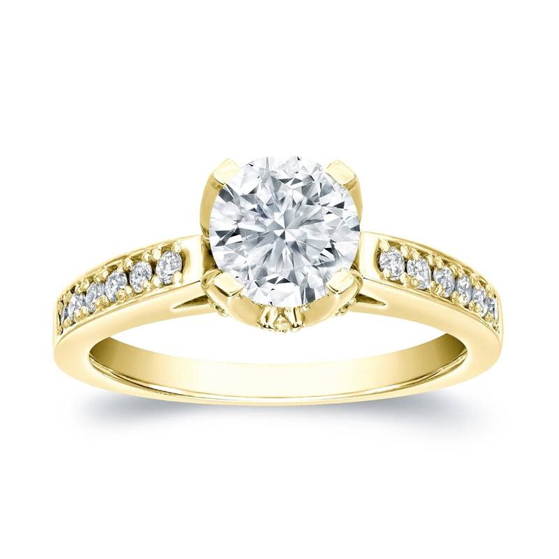 Auriya Unique 1 carat Round Moissanite and 1/3cttw Diamond Engagement Ring 14K Gold
