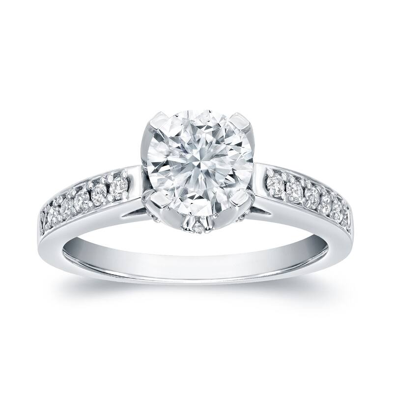 Auriya Unique 1 carat Round Moissanite and 1/3cttw Diamond Engagement Ring 14K Gold