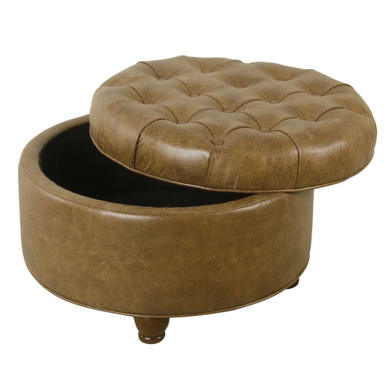Copper Grove Lamentin Tufted Faux Leather Round Storage Ottoman