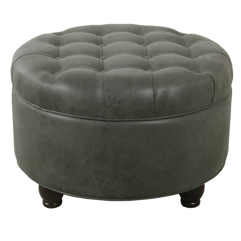 Copper Grove Lamentin Tufted Faux Leather Round Storage Ottoman - Grey