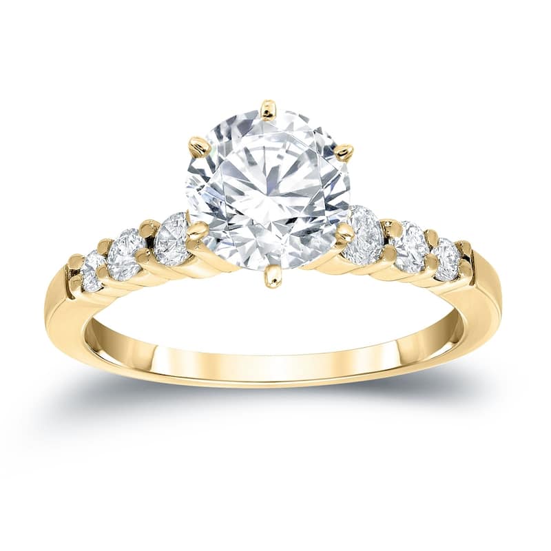 Auriya Classic 2 carat Round Moissanite and 1/3ct Side Stone Diamond Engagement Ring 14K Gold