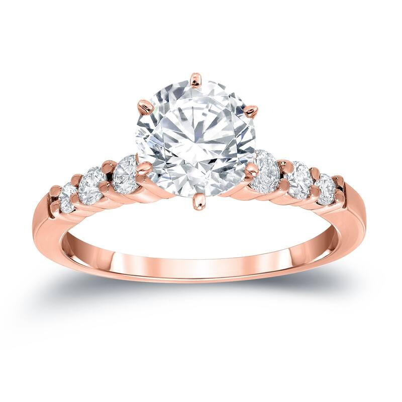 Auriya Classic 2 carat Round Moissanite and 1/3ct Side Stone Diamond Engagement Ring 14K Gold