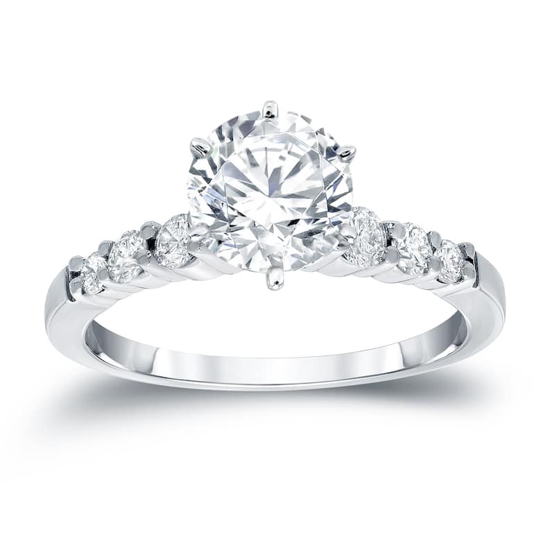 Auriya Classic 2 carat Round Moissanite and 1/3ct Side Stone Diamond Engagement Ring 14K Gold