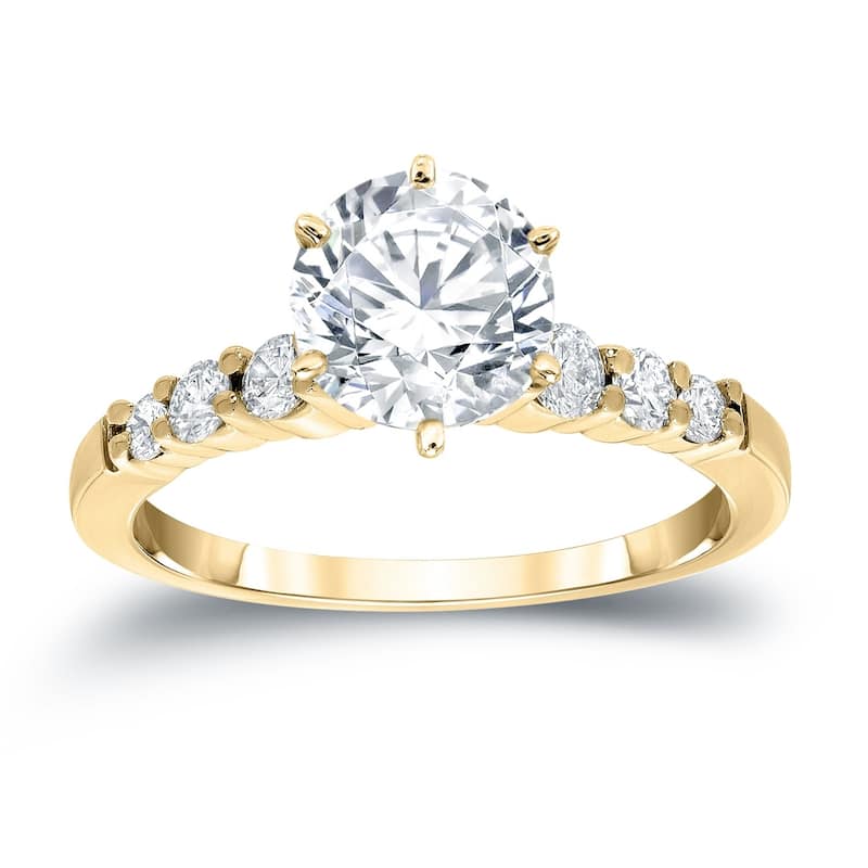 Auriya 14k Gold Classic 2 1/2 carat Round Moissanite and 1/3ct Side Stone Diamond Engagement Ring