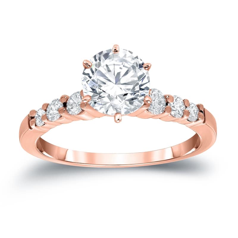 Auriya Classic 1 carat Round Moissanite and 1/3ct Side Stone Diamond Engagement Ring 14K Gold