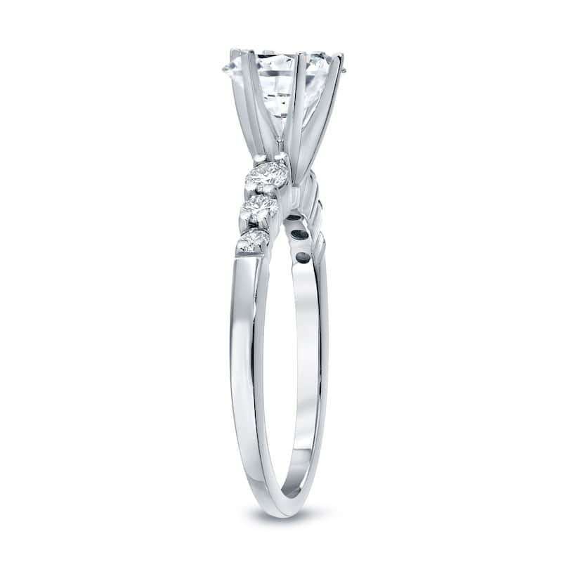 Auriya Classic 1 carat Round Moissanite and 1/3ct Side Stone Diamond Engagement Ring 14K Gold
