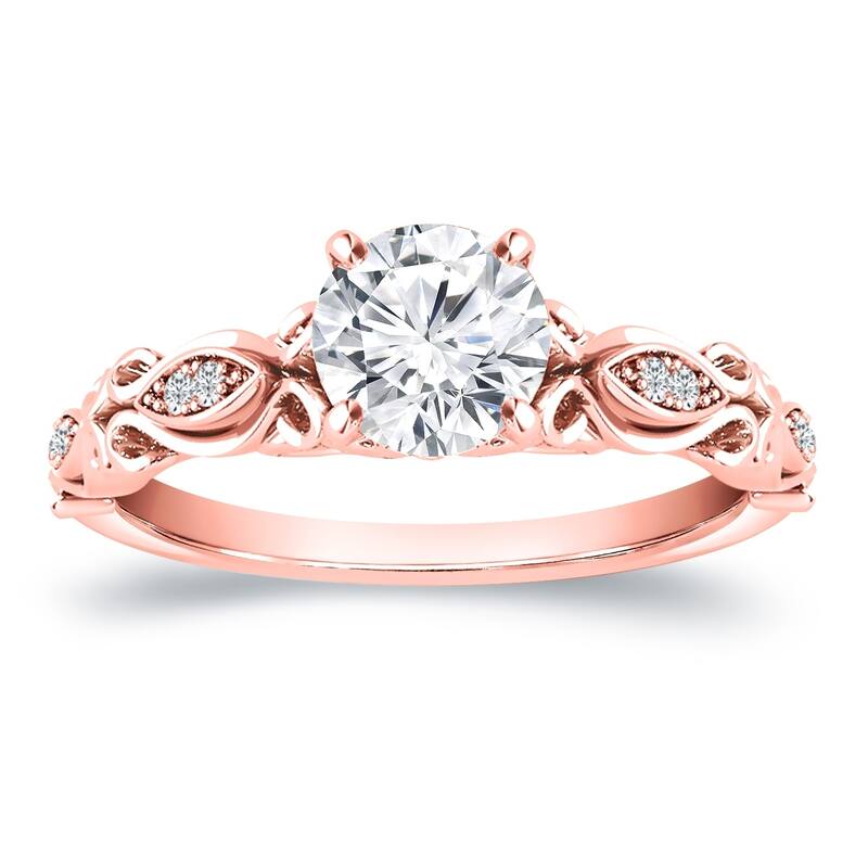 Auriya Vintage Round 1ct Moissanite Engagement Ring with 1/8ctw Diamond Accents 14K Gold