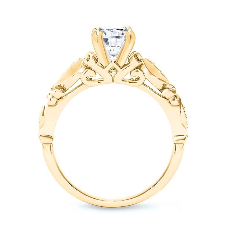 Auriya Vintage Round 1ct Moissanite Engagement Ring with 1/8ctw Diamond Accents 14K Gold