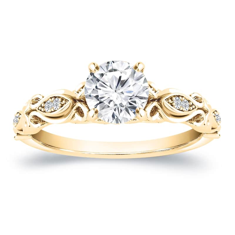 Auriya Vintage Round 1ct Moissanite Engagement Ring with 1/8ctw Diamond Accents 14K Gold