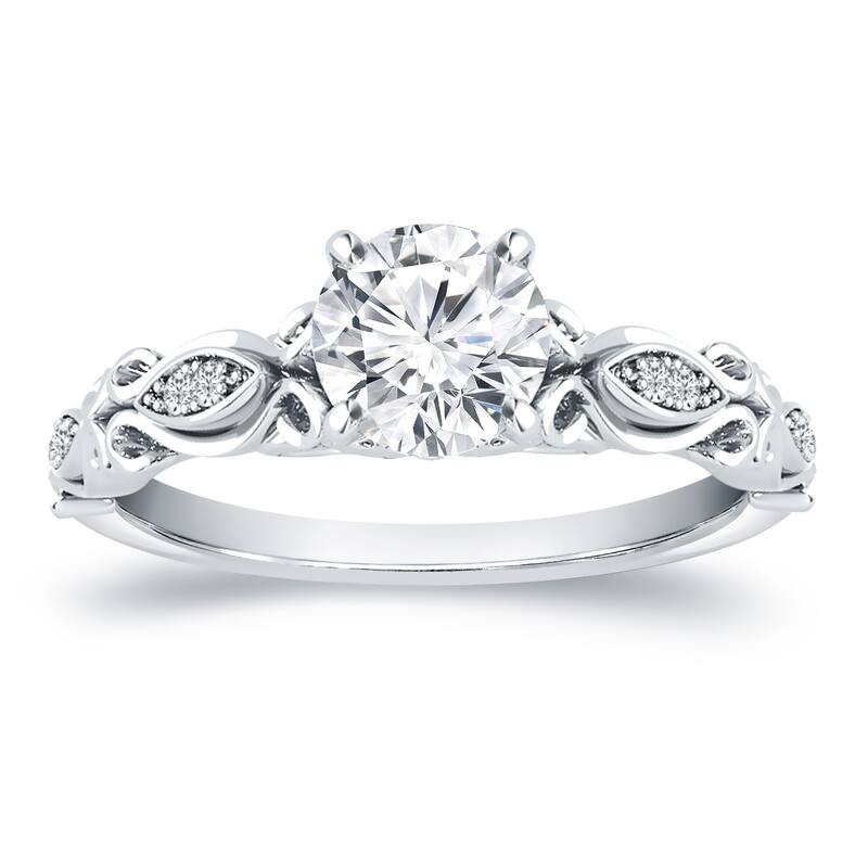 Auriya Vintage Round 1ct Moissanite Engagement Ring with 1/8ctw Diamond Accents 14K Gold