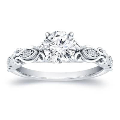 Auriya Vintage Round 1ct Moissanite Engagement Ring with 1/8ctw Diamond Accents 14K Gold