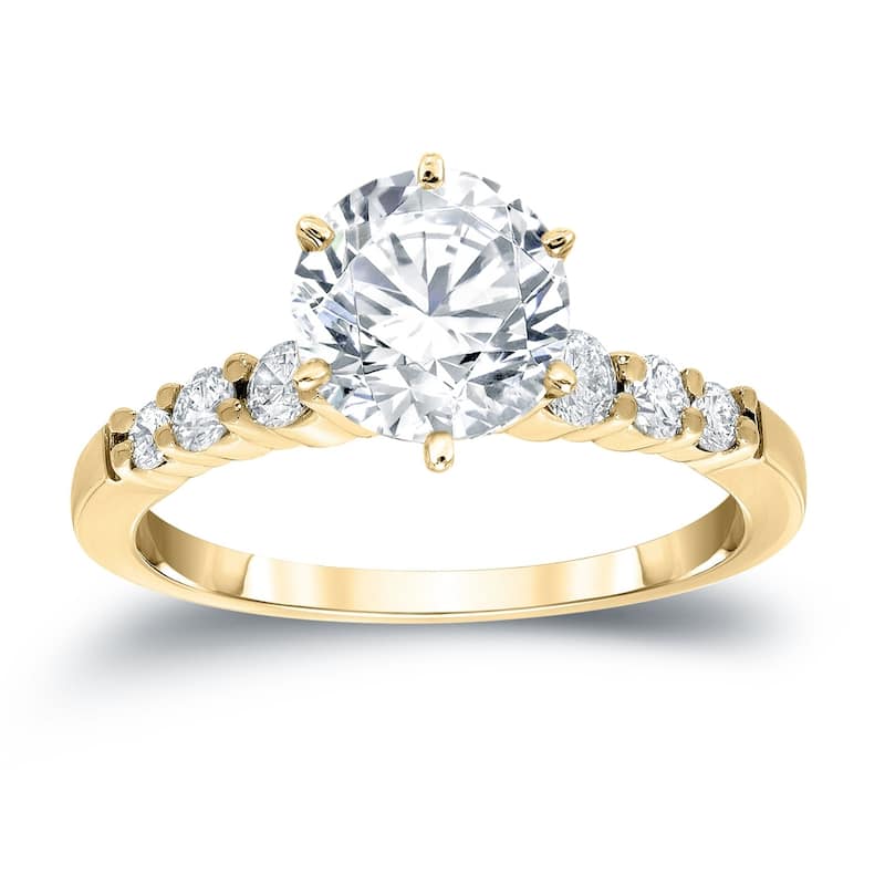 Auriya 14k Gold Classic 3 carat Round Moissanite and 1/3ct Side Stone Diamond Engagement Ring