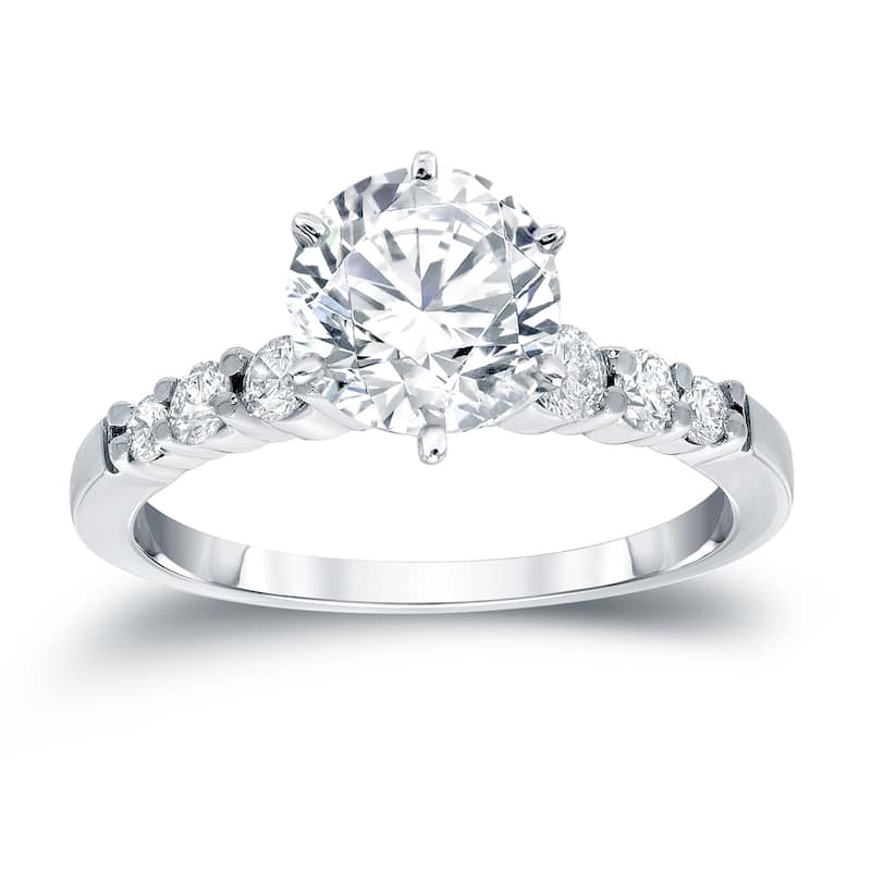 Auriya 14k Gold Classic 3 carat Round Moissanite and 1/3ct Side Stone Diamond Engagement Ring