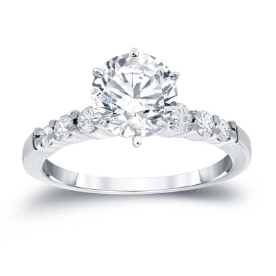 Auriya 14k Gold Classic 3 carat Round Moissanite and 1/3ct Side Stone Diamond Engagement Ring