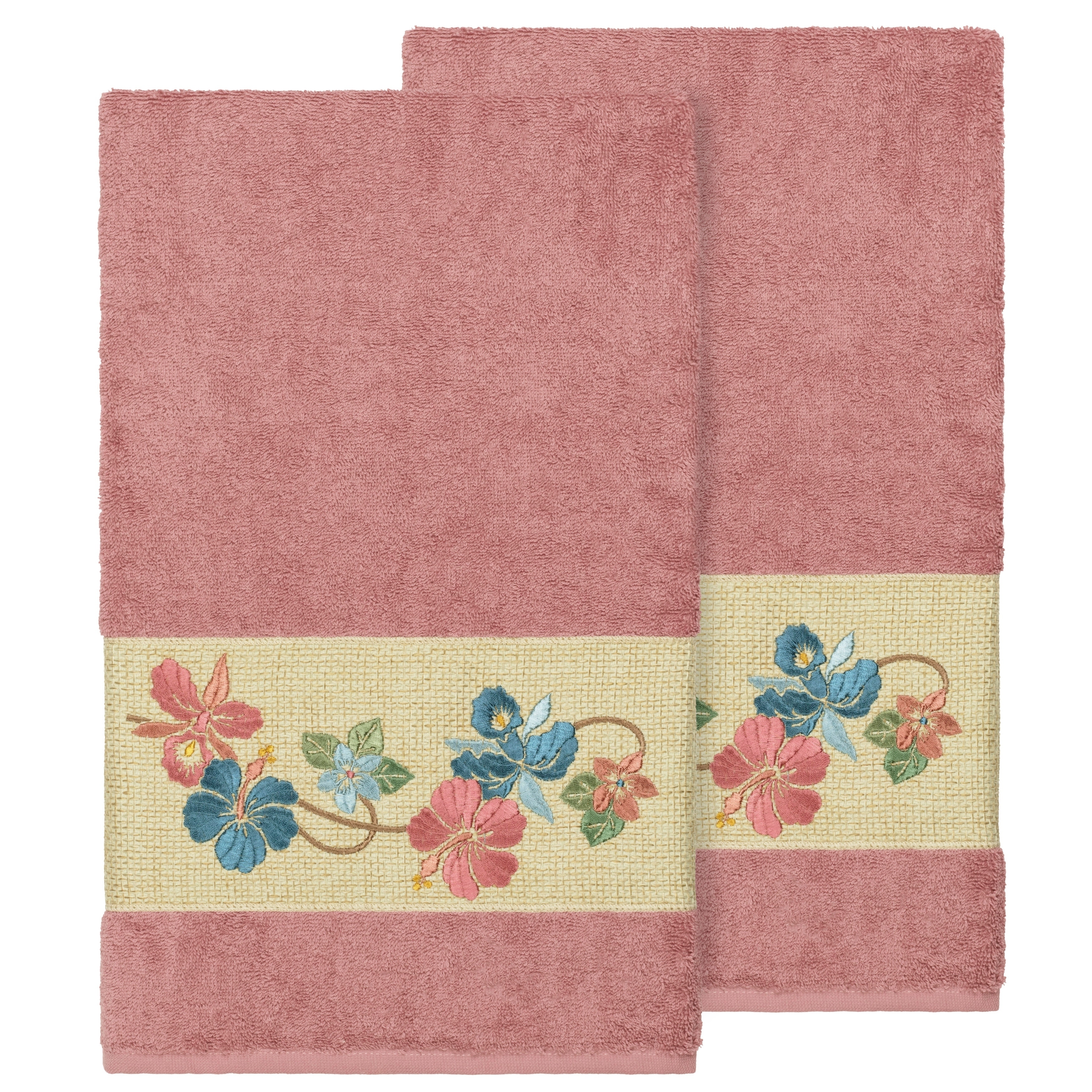 Authentic Hotel and Spa Turkish Cotton Floral Vine Embroidered Tea Rose 2-piece Bath Towel Set