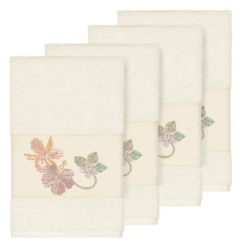 Authentic Hotel and Spa Turkish Cotton Floral Vine Embroidered Cream 4-piece Hand Towel Set