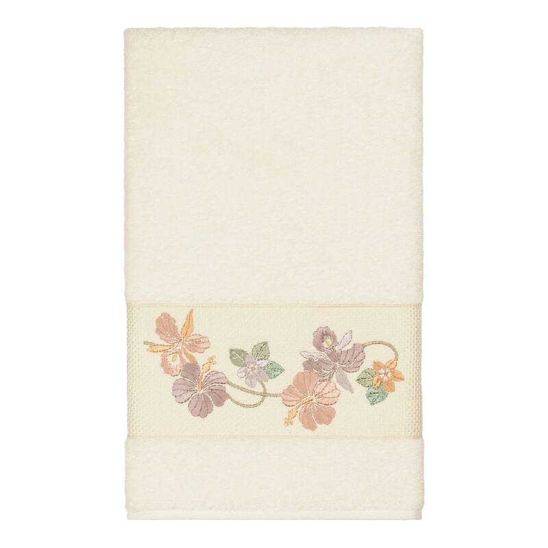 Authentic Hotel and Spa Turkish Cotton Floral Vine Embroidered Cream Bath Towel
