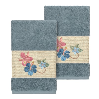 Authentic Hotel and Spa Turkish Cotton Floral Vine Embroidered Teal Blue 2-piece Towel Hand Set