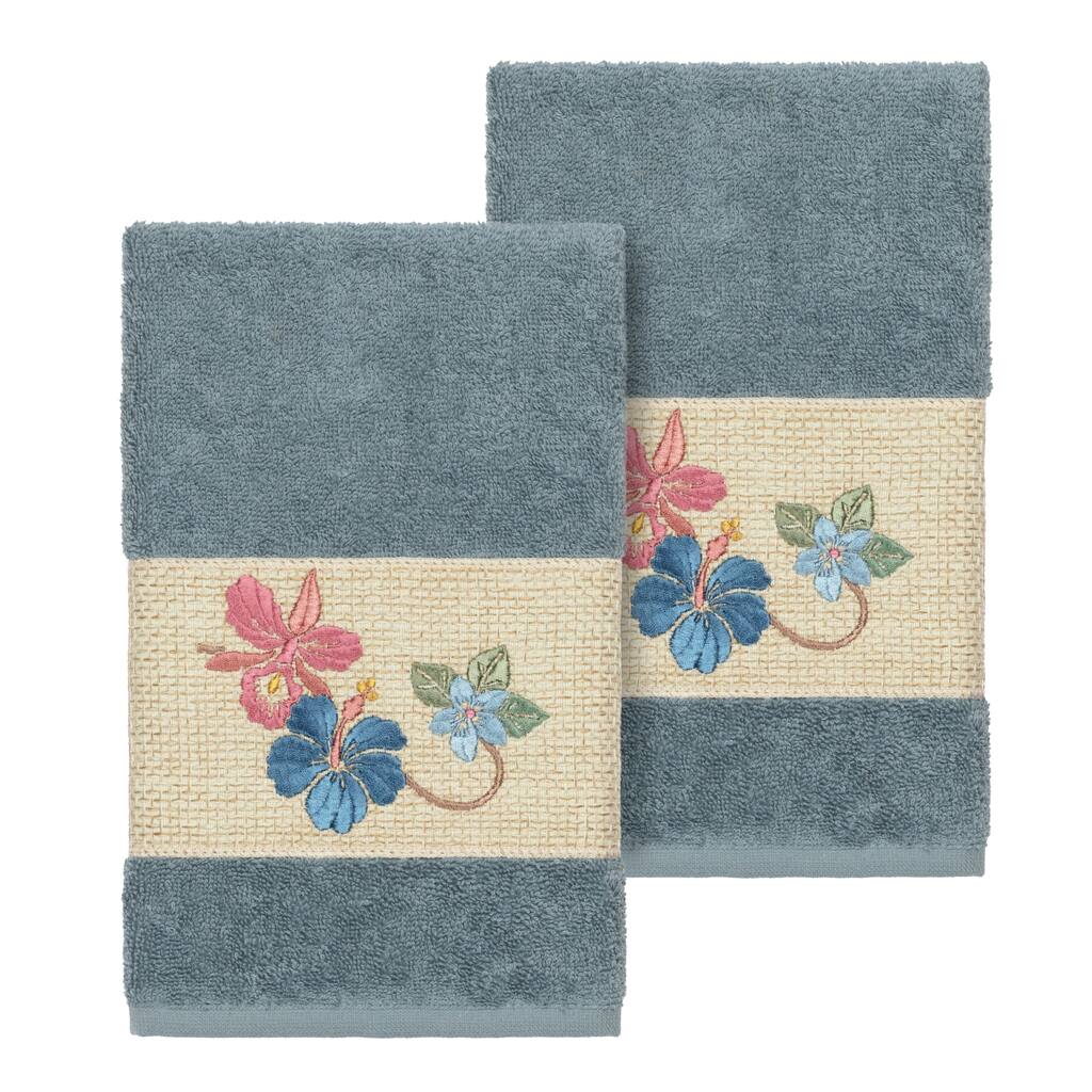 Authentic Hotel and Spa Turkish Cotton Floral Vine Embroidered Teal Blue 2-piece Towel Hand Set