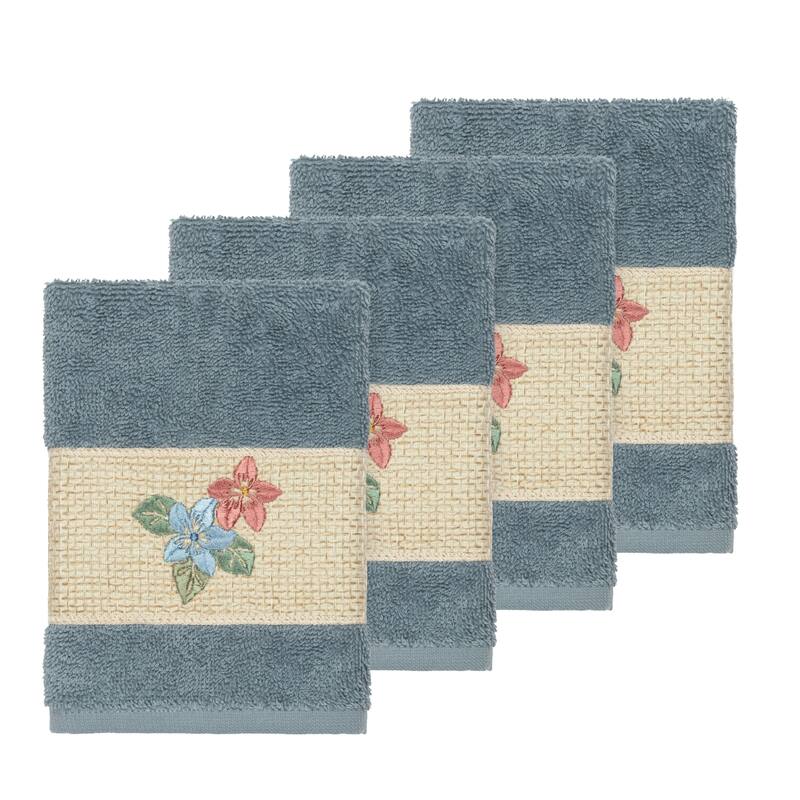 Authentic Hotel and Spa Turkish Cotton Floral Vine Embroidered Teal Blue 4-piece Washcloth Set