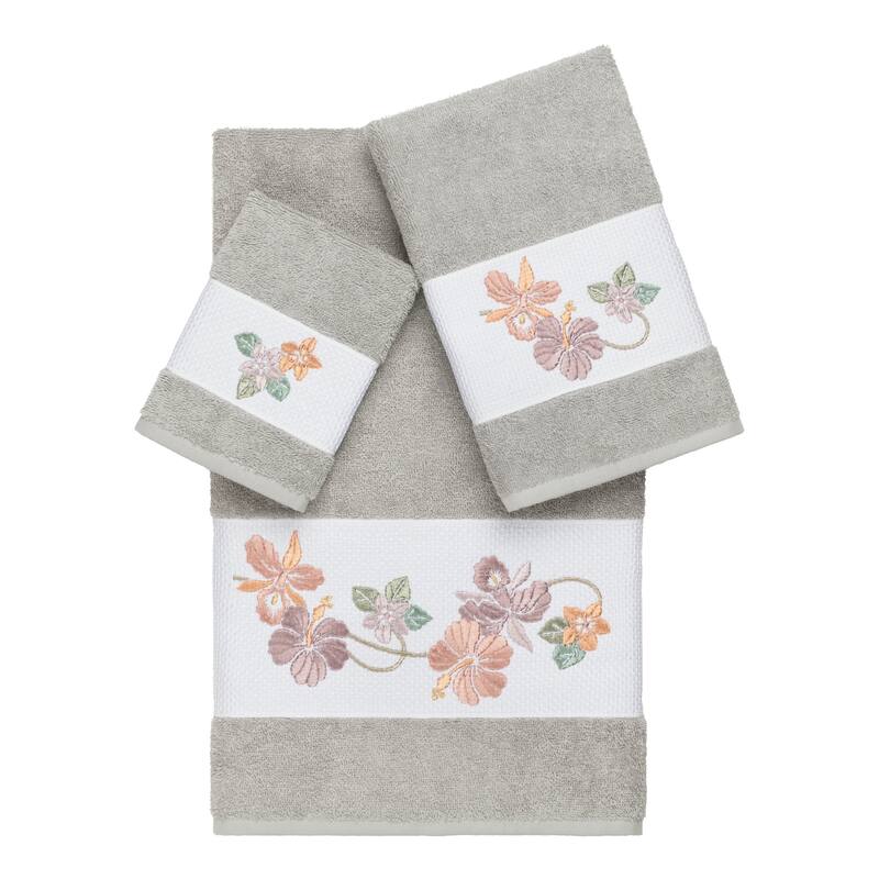 Authentic Hotel and Spa Turkish Cotton Floral Vine Embroidered Light Grey 3-piece Towel Set