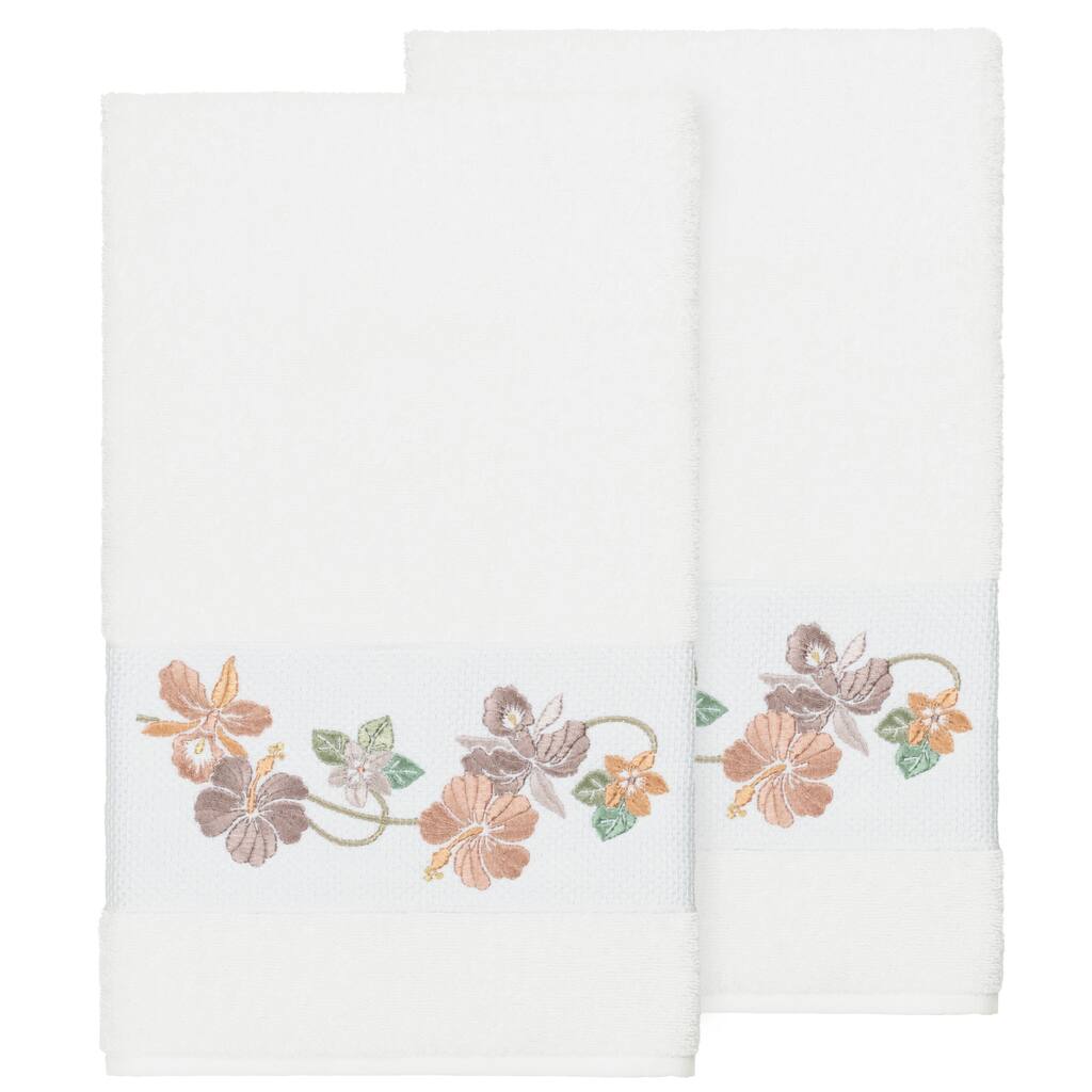 Authentic Hotel and Spa Turkish Cotton Floral Vine Embroidered White 2-piece Bath Towel Set