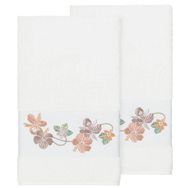 Authentic Hotel and Spa Turkish Cotton Floral Vine Embroidered White 2-piece Bath Towel Set