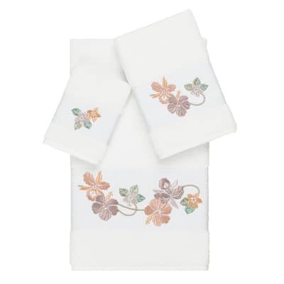 Authentic Hotel and Spa Turkish Cotton Floral Vine Embroidered White 3-piece Towel Set