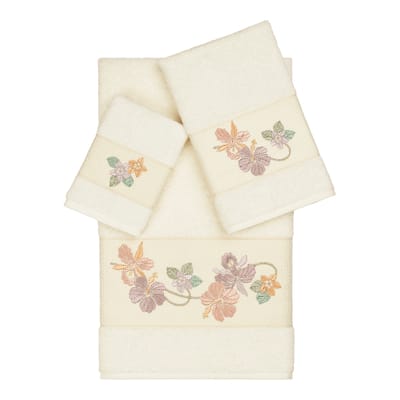 Authentic Hotel and Spa Turkish Cotton Floral Vine Embroidered Cream 3-piece Towel Set