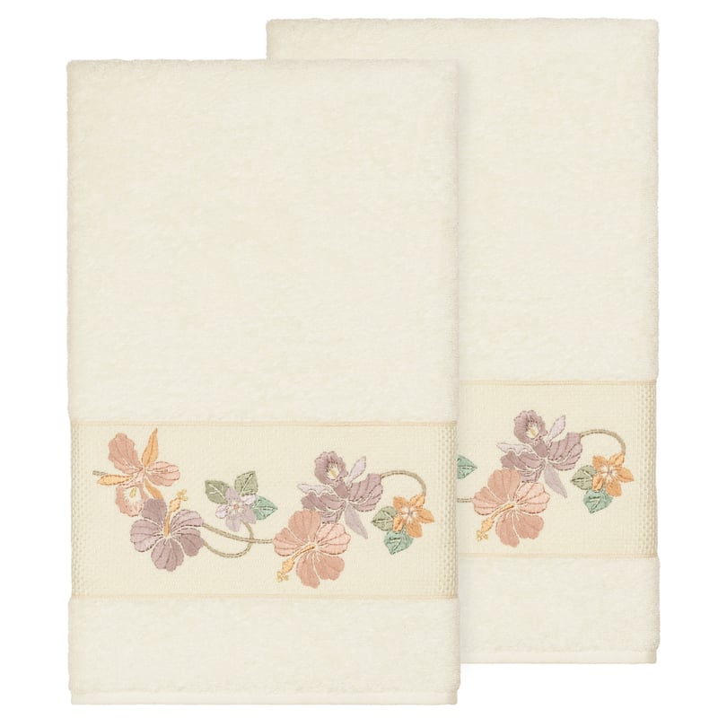 Authentic Hotel and Spa Turkish Cotton Floral Vine Embroidered Cream 2-piece Bath Towel Set