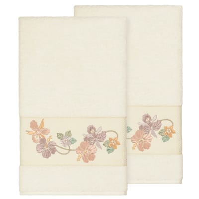 Authentic Hotel and Spa Turkish Cotton Floral Vine Embroidered Cream 2-piece Bath Towel Set
